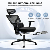 Chaise de bureau ergonomique Garvee en maille avec repose-pieds et soutien lombaire réglables, idéale pour le bureau et le télétravail. Dossier haut, structure en métal, noire.