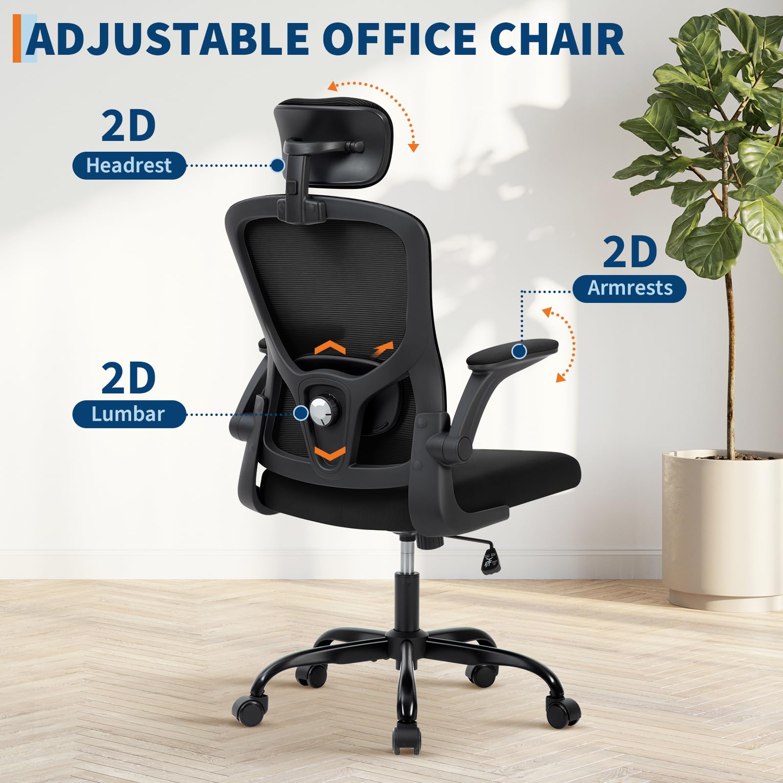 Chaise de bureau ergonomique Garvee avec soutien lombaire et appui-tête réglables, accoudoirs pliables, maille respirante, pivotante, à roulettes, noire, pour le bureau et le gaming