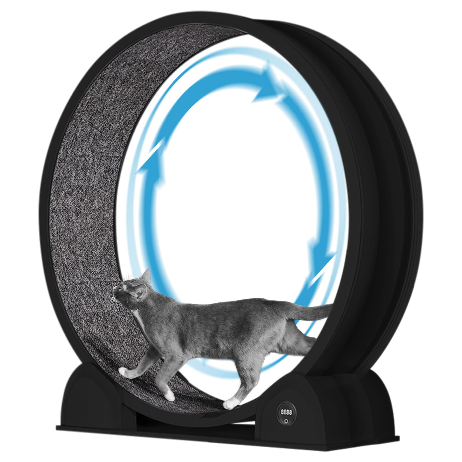 Roue d'exercice Garvee XL pour chats de grande taille (jusqu'à 12 kg) avec podomètre et griffoir, tapis amovible, silencieuse, noire.