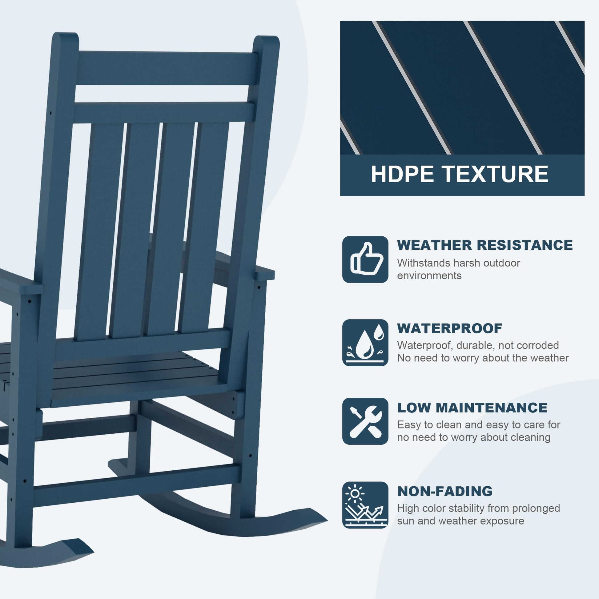 Garvee Fauteuil à bascule d’extérieur en HDPE bleu marine, assise large avec accoudoirs spacieux, résistant aux intempéries, pour jardin et porche