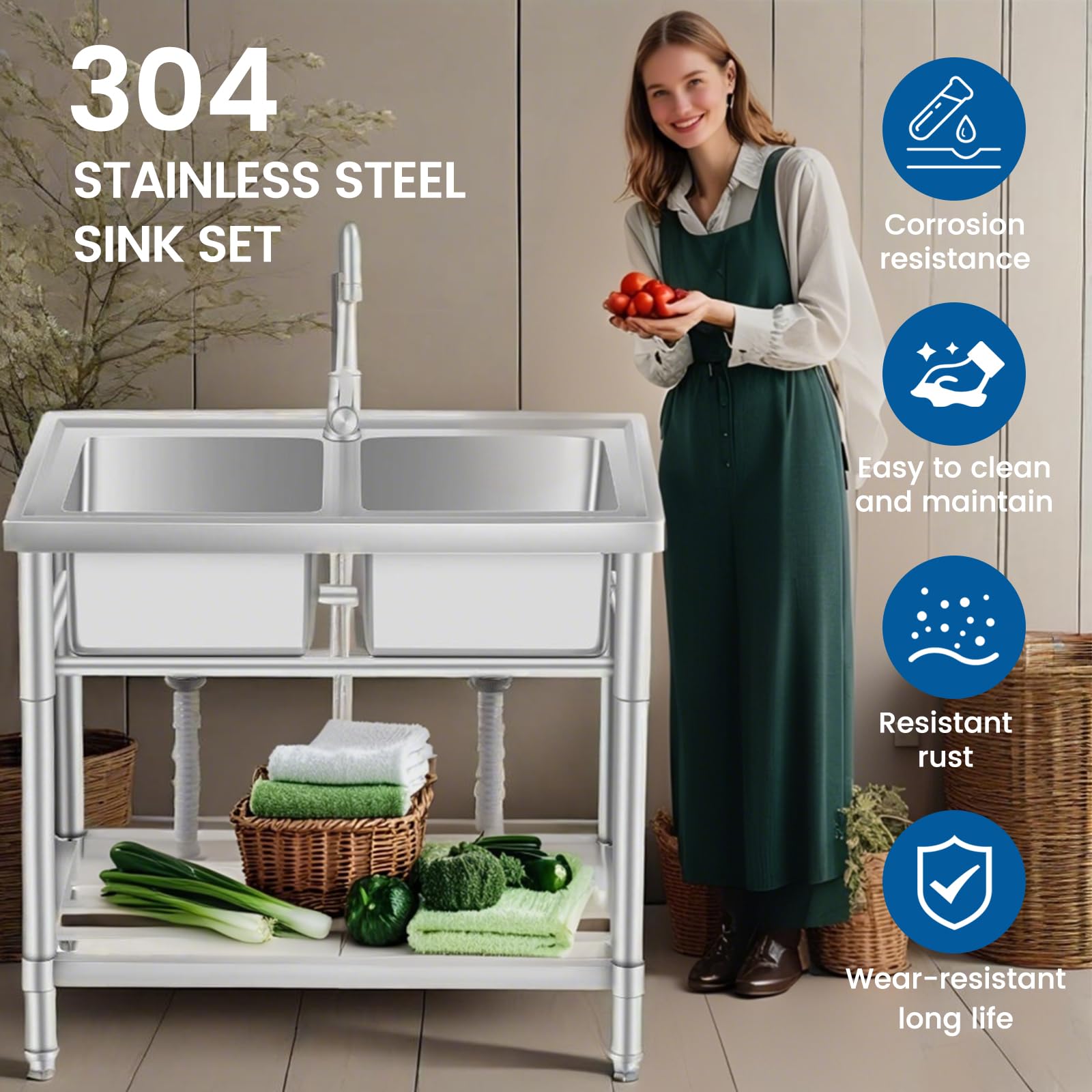 Garvee Évier Inox 2 Bacs avec Robinet Pivotant 360° et Tuyau de Vidange Durable, pour Maison, Bureau, Cuisine et Extérieur, 84 × 46 × 76 cm