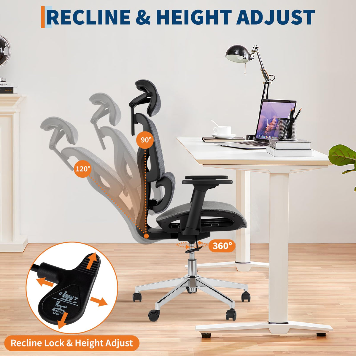 Chaise de bureau ergonomique Garvee avec tissu mesh respirant, accoudoirs 3D, hauteur d'assise réglable, repose-pieds en acier, inclinaison à 135°, grise, idéale pour le bureau et le gaming.