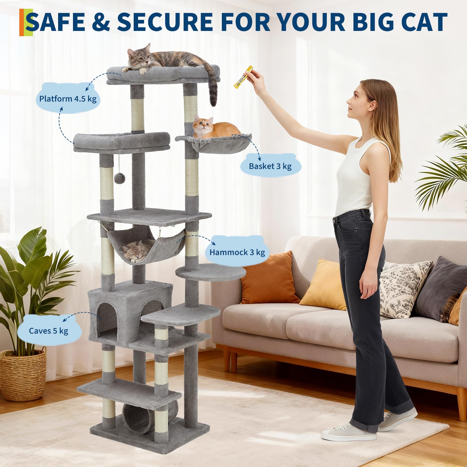 Arbre à chat Garvee pour grands chats, 188 cm, stable et sécuritaire, avec 11 poteaux à griffer et un hamac. Mobilier d'intérieur pour chat, en bois et peluche.