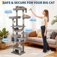 Arbre à chat Garvee pour grands chats, 188 cm, stable et sécuritaire, avec 11 poteaux à griffer et un hamac. Mobilier d'intérieur pour chat, en bois et peluche.