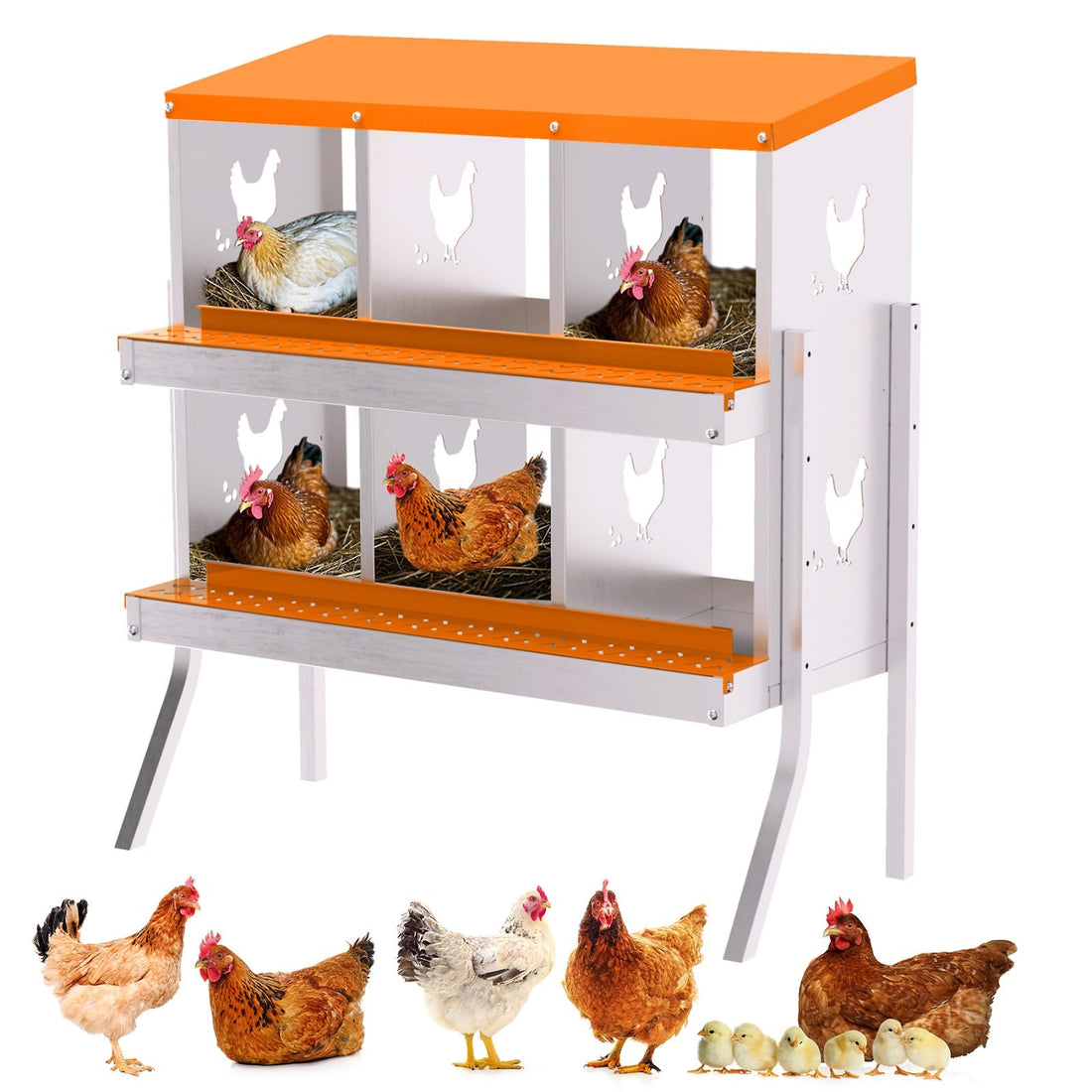 Nichoir Garvee à 6 compartiments, en acier galvanisé avec plateau de récupération des œufs, 81 x 43 x 67,6 cm, pour poules, canards, oies et lapins, jardin et ferme (avec support)