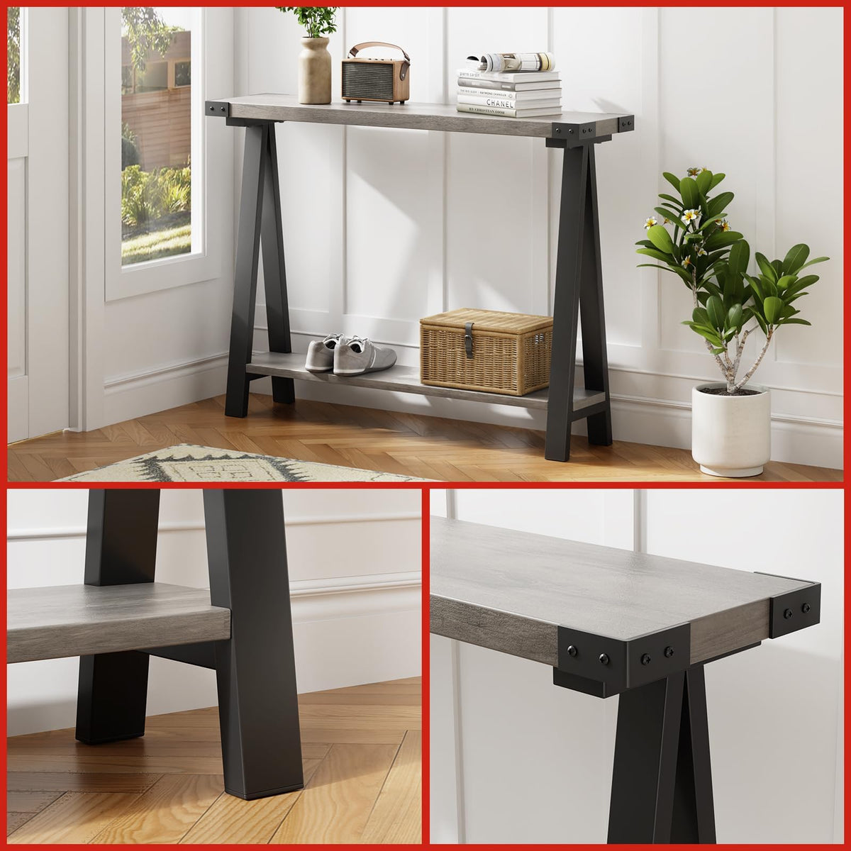 Console Garvee style ferme, 110 cm, avec rangement, 2 niveaux, structure en métal, MDF, brun rustique, pour entrée, salon ou couloir.