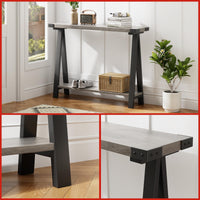 Console Garvee style ferme, 110 cm, avec rangement, 2 niveaux, structure en métal, MDF, brun rustique, pour entrée, salon ou couloir.