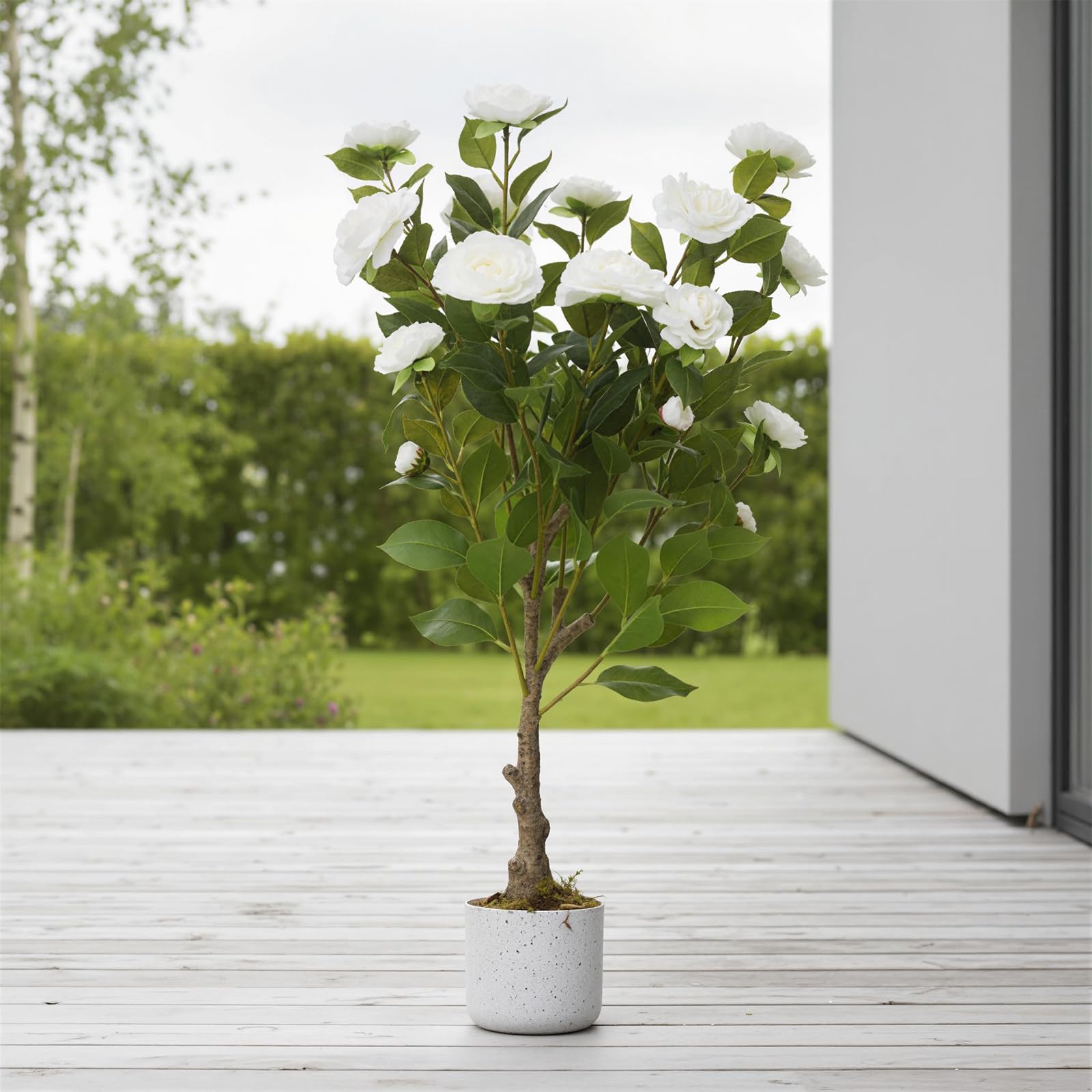 Lot de 2 camélias artificiels Garvee de 90 cm avec pot blanc, pour l'intérieur et les espaces extérieurs couverts. Entretien facile. Fleurs réalistes.
