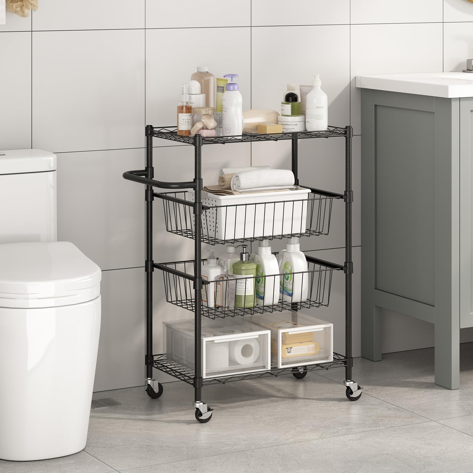 Chariot de cuisine Garvee à 4 niveaux en métal avec poignée, capacité de charge de 50 kg, étagères grillagées ouvertes, 2 roues verrouillables, usage polyvalent, métal, argent