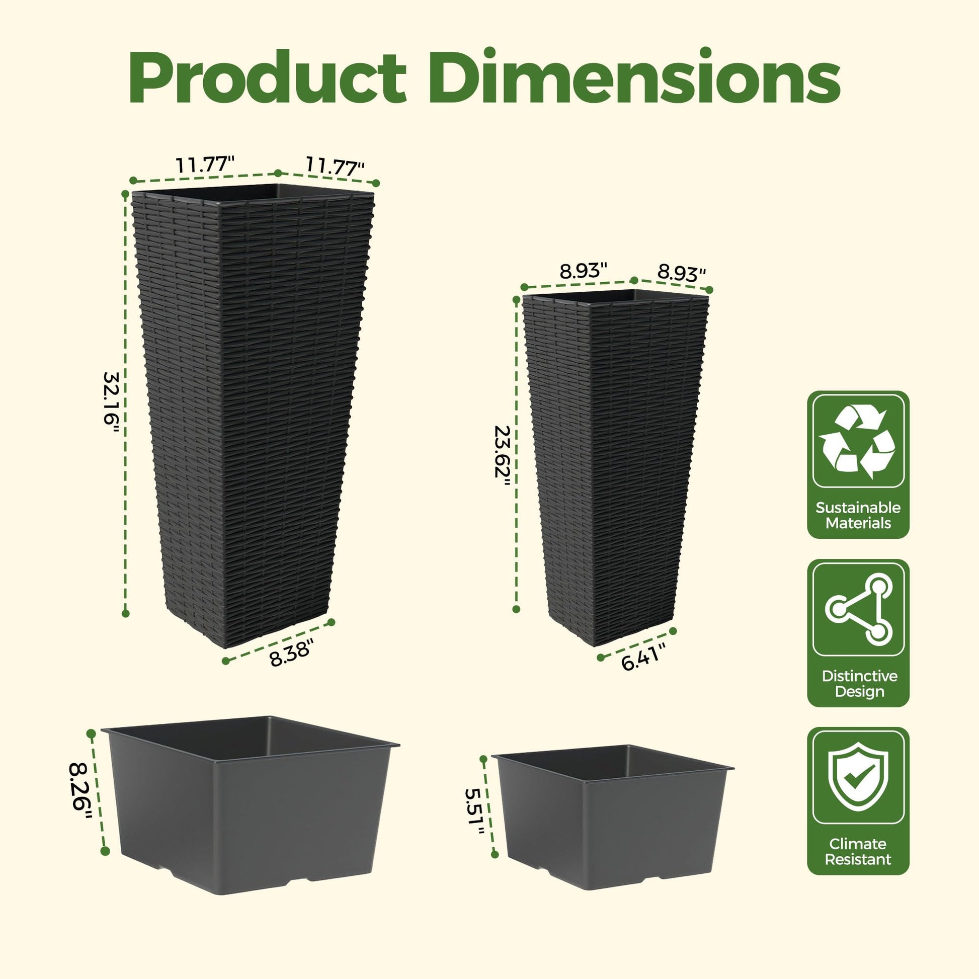 Garvee Lot de 2 jardinières hautes (61 et 81 cm) avec trous de drainage, pour jardin et terrasse, légères, résistantes aux intempéries, design moderne en rotin, noires