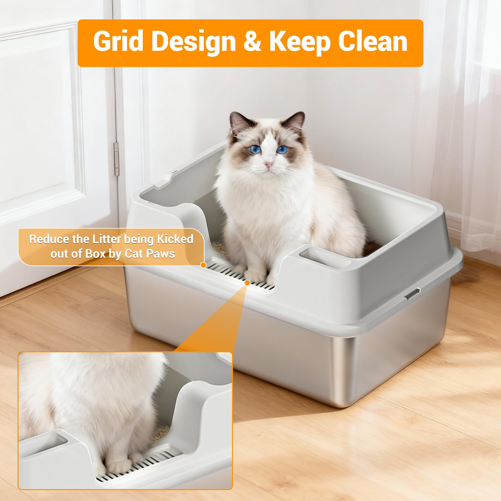 Bac à litière Garvee grand format en acier inoxydable 36 L, semi-fermé, avec tapis antidérapant et pelle à litière, idéal pour les foyers avec plusieurs chats, dimensions : 60 x 40 x 27 cm, blanc naturel