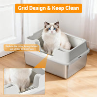 Bac à litière Garvee grand format en acier inoxydable 34 L, semi-fermé avec tapis antidérapant, pour plusieurs chats, 60 x 40 x 22 cm, blanc naturel
