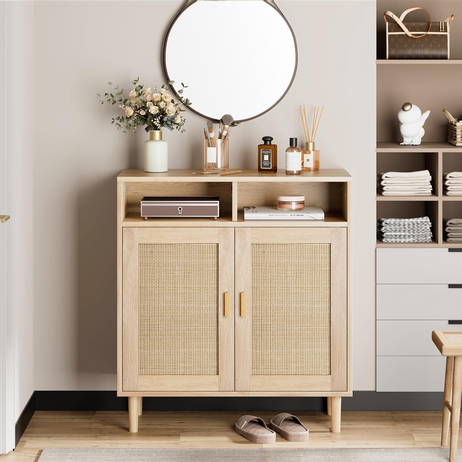 Buffet moderne en rotin Garvee 91 cm (36 po) - Tressé à la main, anti-basculement, étagère réglable, meuble de cuisine et de salle à manger, multifonctionnel, couleurs naturelles