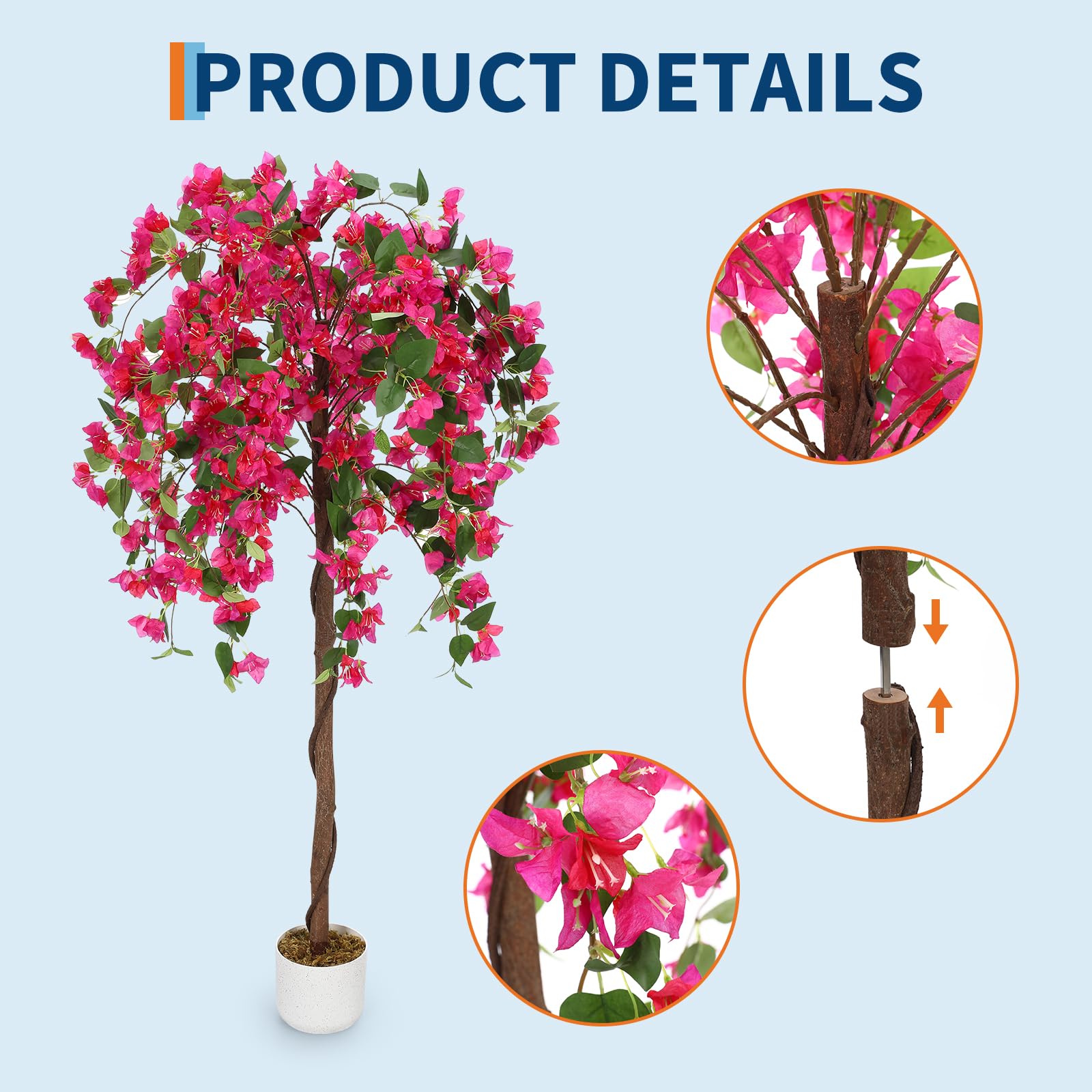 Bougainvillier artificiel Garvee de 1,5 m avec 168 fleurs rouges, tronc naturel, pot stable pour salon et bureau, rouge, polyester