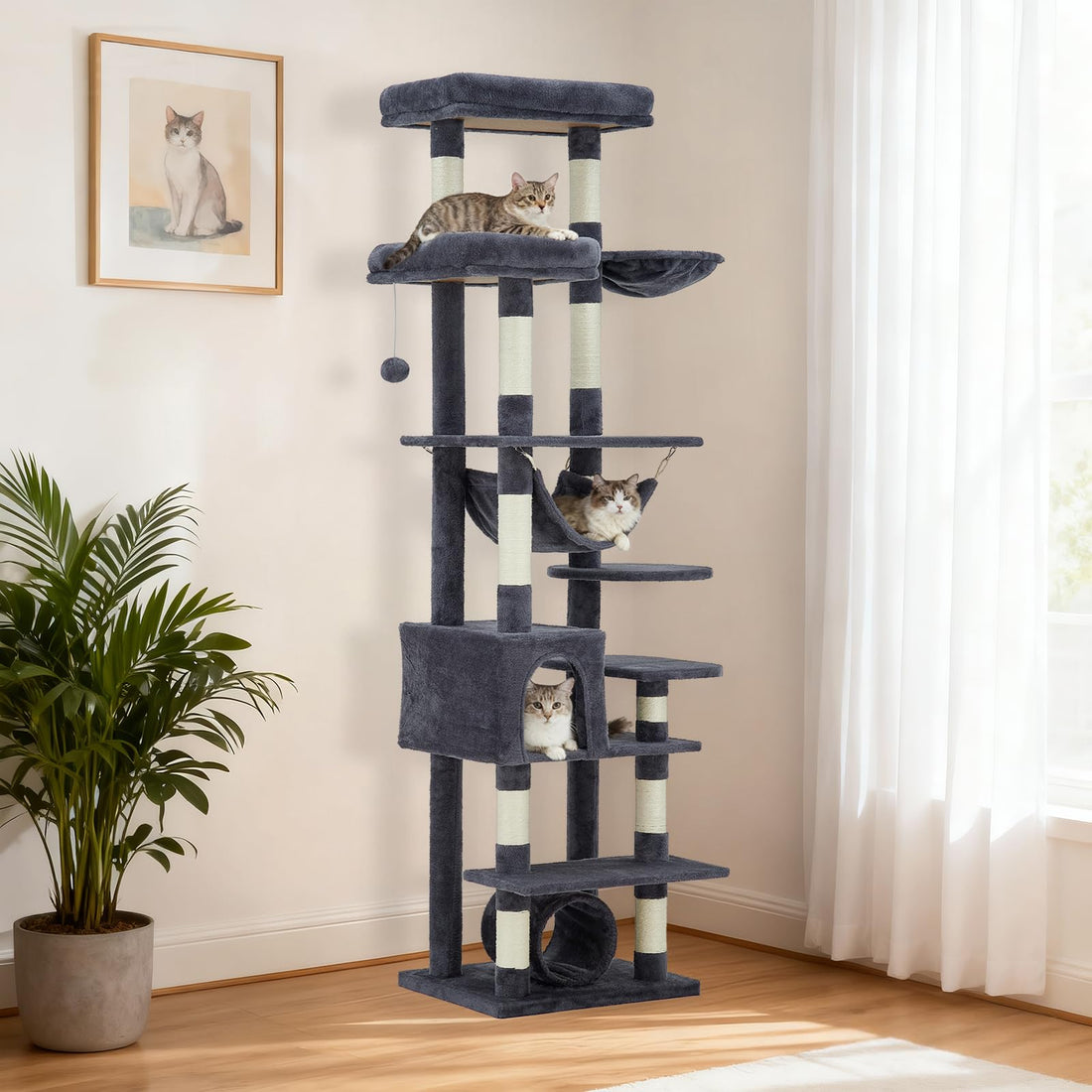 Garvee Arbre à Chat XXL 188 cm pour Grands Chats, Structure Stable avec 11 Griffoirs et Hamac, Meuble pour Chat en Bois Robuste et Peluche Douce, Gris foncé