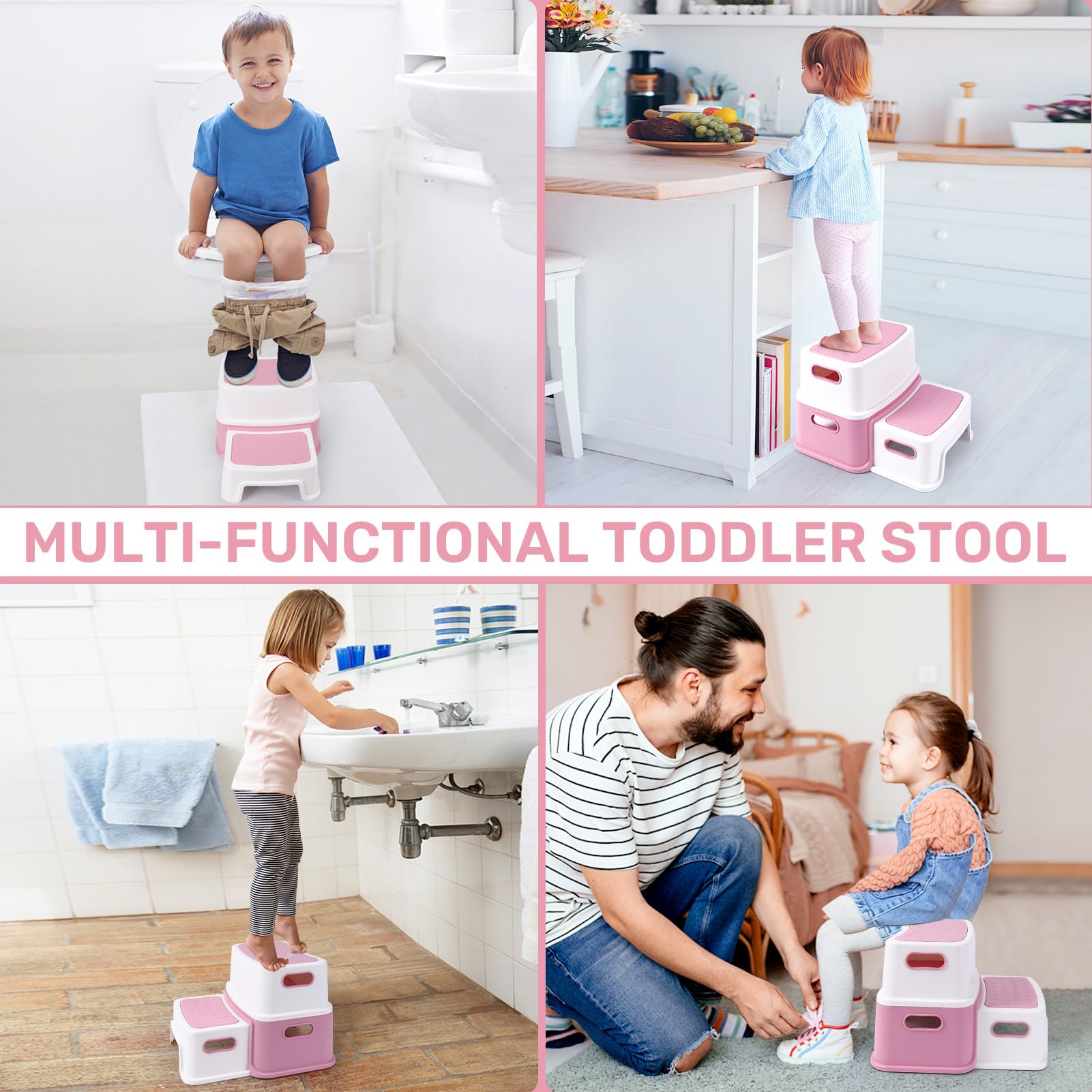 Marchepied enfant Garvee, 2 marches, en polypropylène, antidérapant et stable, pour salle de bain, cuisine, évier, rose