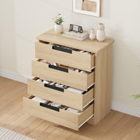 Commode Garvee à 4 tiroirs en bois avec poignées intégrées, idéale pour la chambre et le salon. Robuste, moderne et polyvalente, couleur bois naturel.
