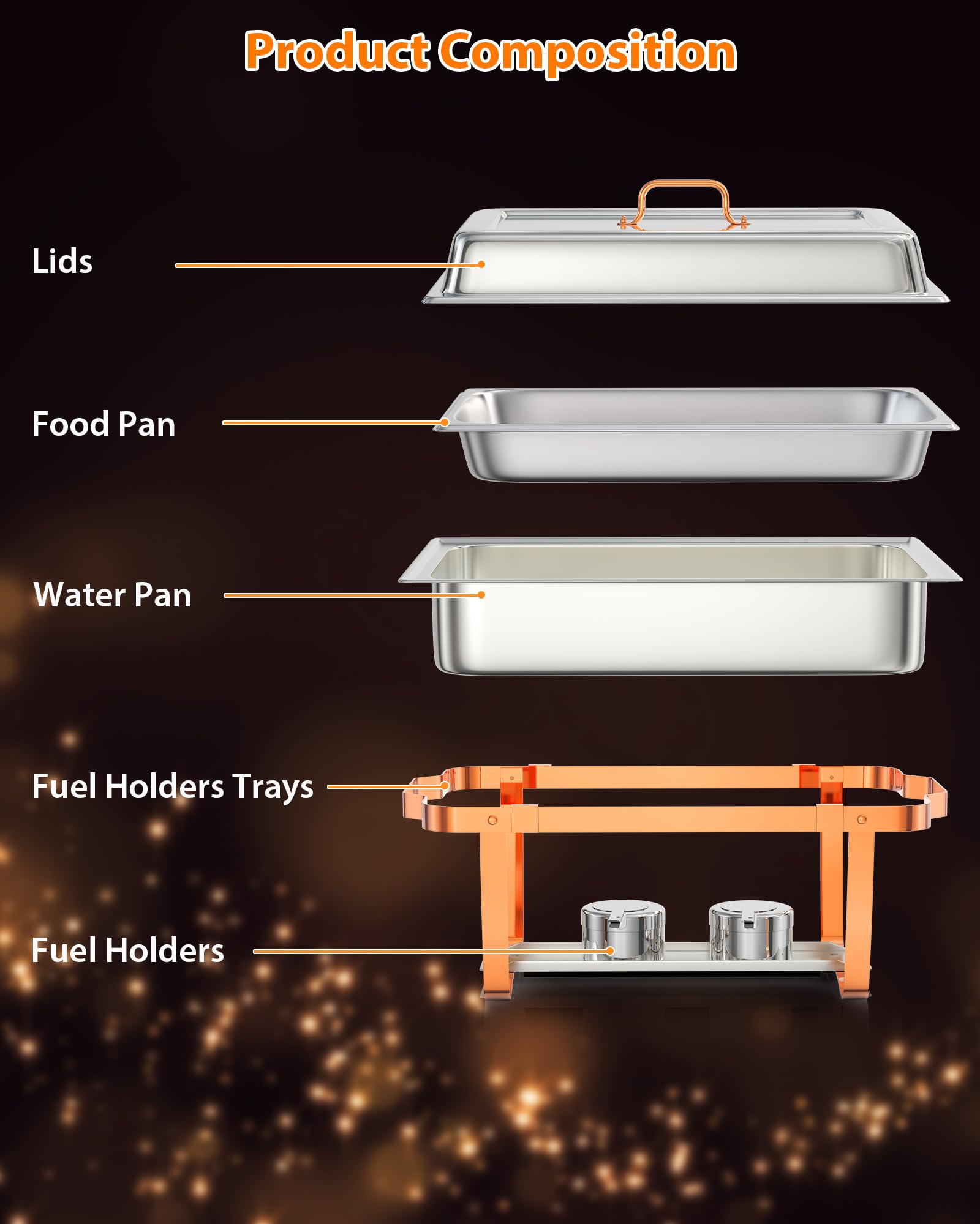 Garvee Lot de 2 plateaux chauffants pour buffet, 8 L, en acier inoxydable, avec couvercle et accessoires, couleur or rose, pour réceptions et banquets.