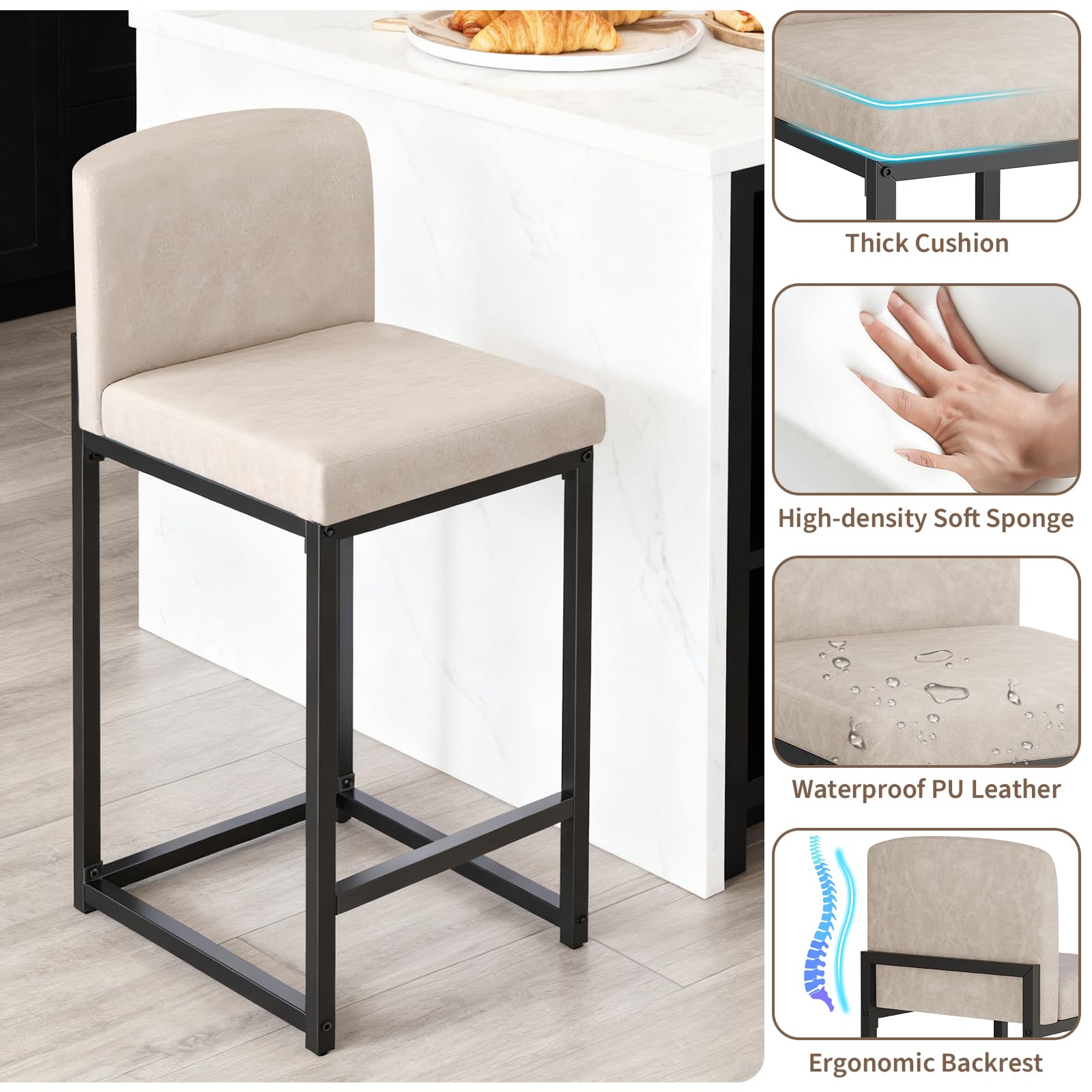 Ensemble de 2 tabourets de bar Garvee modernes avec dossier et repose-pieds, hauteur réglable, beige, pour îlot de cuisine et salle à manger