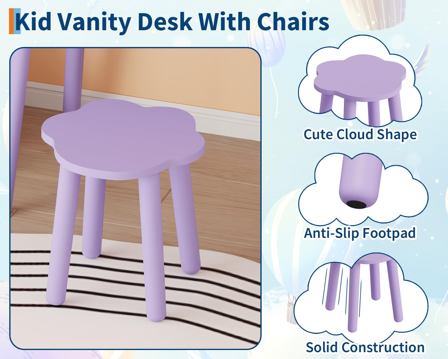 Ensemble coiffeuse pour enfants Garvee avec lumière LED, miroir ours, rangement, bois MDF, violet, pour chambre et salle de jeux