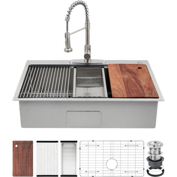 Évier encastrable Garvee en acier inoxydable argenté, 1 cuve (83,8 x 55,9 x 22,9 cm) – Avec planche à découper et accessoires pour plan de travail.