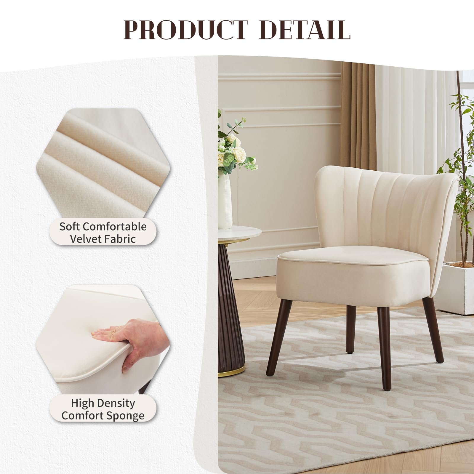Fauteuil de salon moderne Garvee en velours, pieds réglables, dossier ergonomique, pieds en bois, beige, pour salle à manger ou chambre.