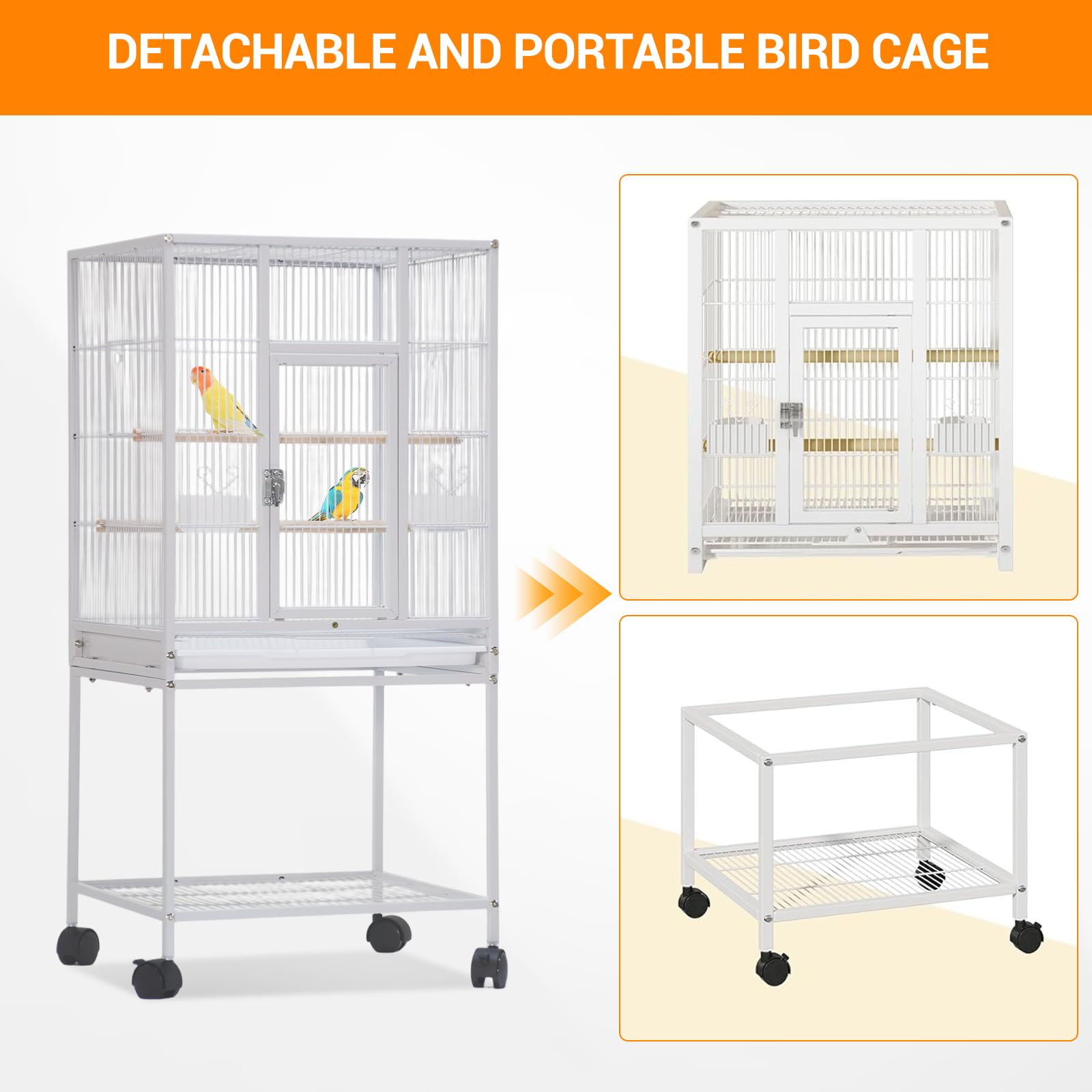 Cage à oiseaux en métal Garvee de 104 cm (41 pouces) pour perruches ondulées, avec perchoirs en bois et support à roulettes, blanche, pour la maison