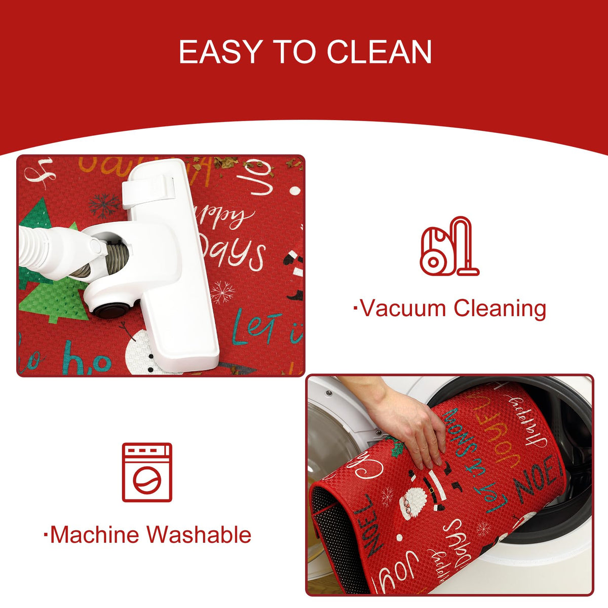 Ensemble de 2 tapis de cuisine et paillassons antidérapants Garvee pour la décoration de Noël, 40 x 60 cm + 40 x 120 cm, rouge festif