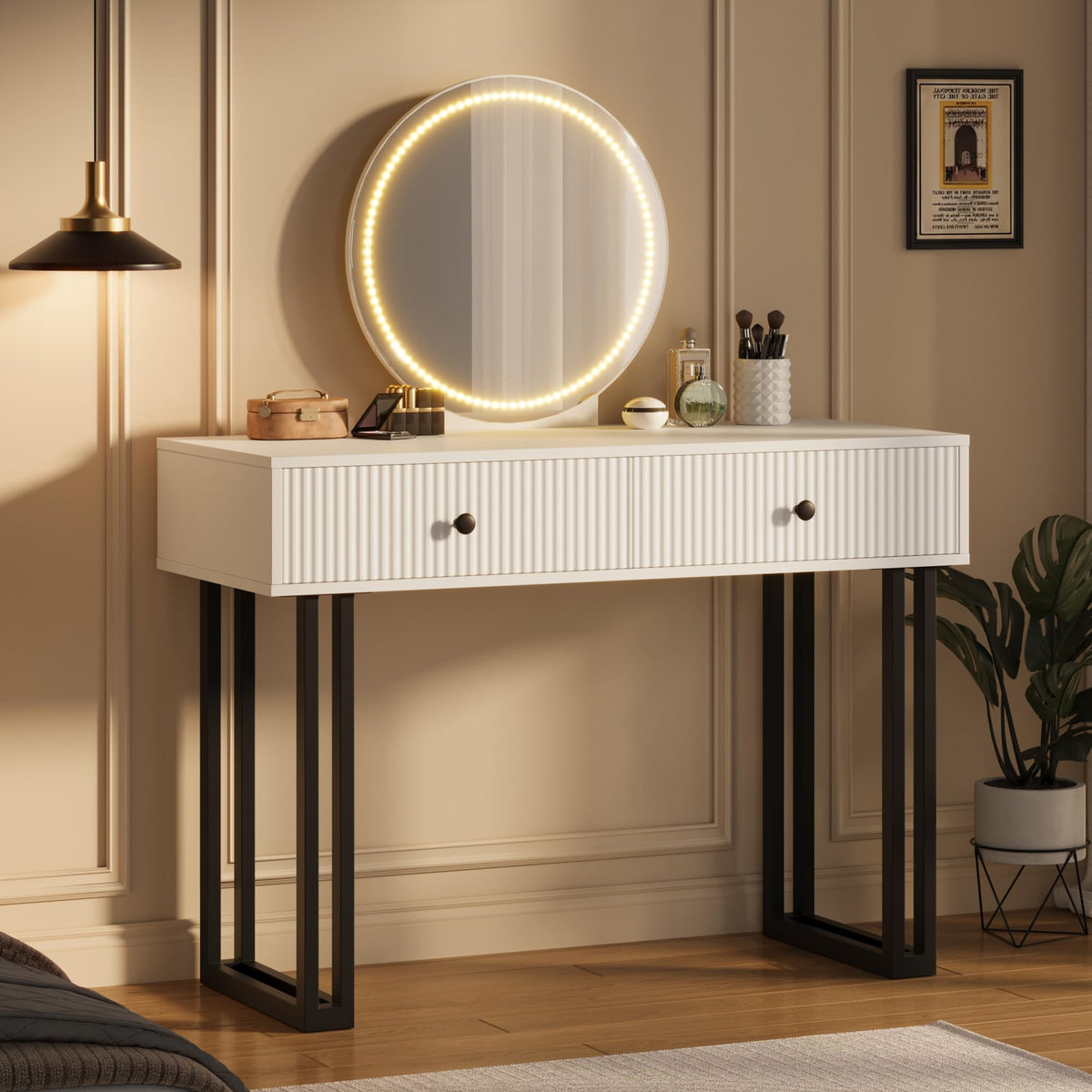 Garvee Coiffeuse avec miroir et éclairage LED 3 couleurs, luminosité réglable, 2 tiroirs, plateau en MDF blanc, design moderne, chambre
