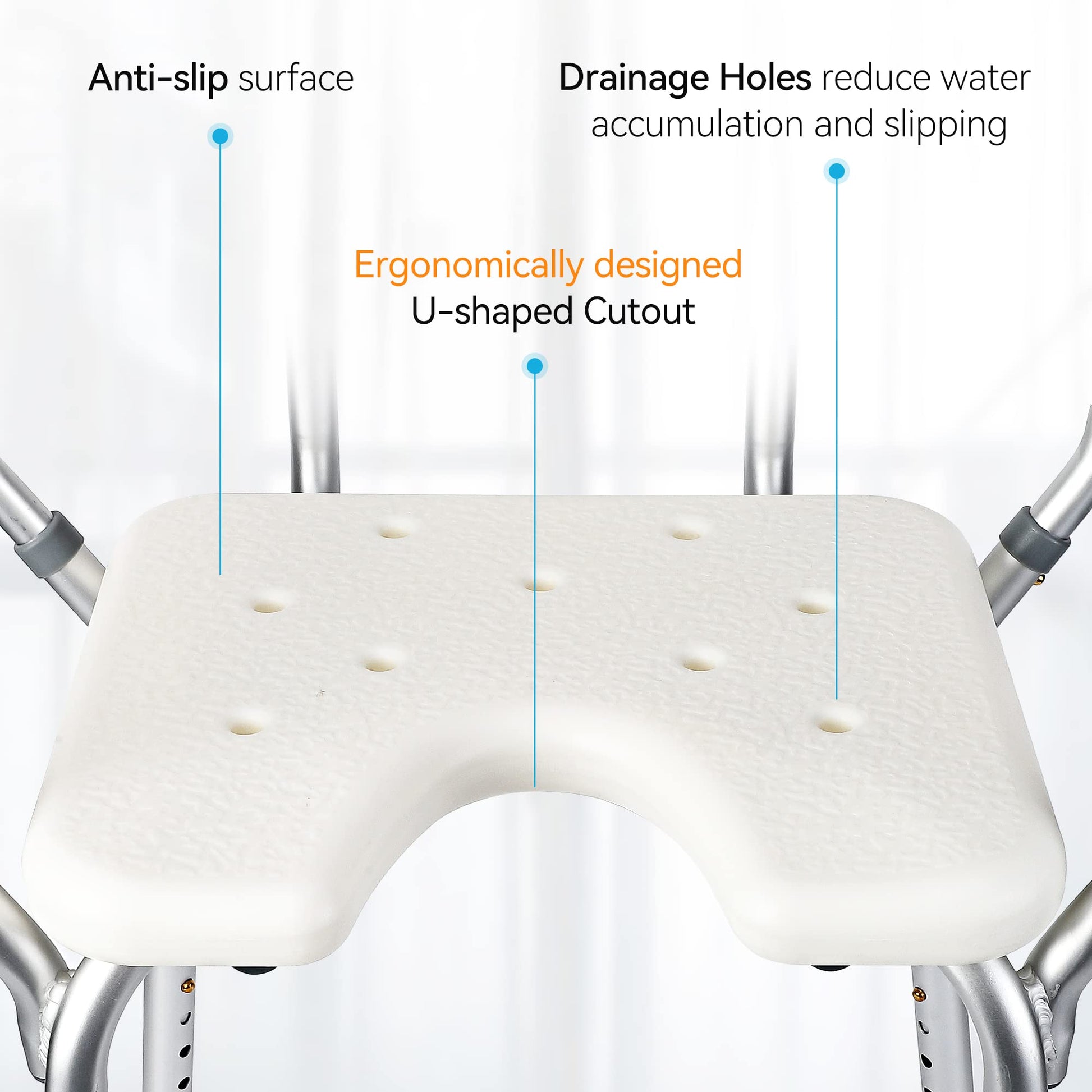GARVEE Siège de douche en U avec dossier et accoudoirs réglables, structure aluminium, assise antidérapante, pour seniors, PMR et salle de bain, argenté