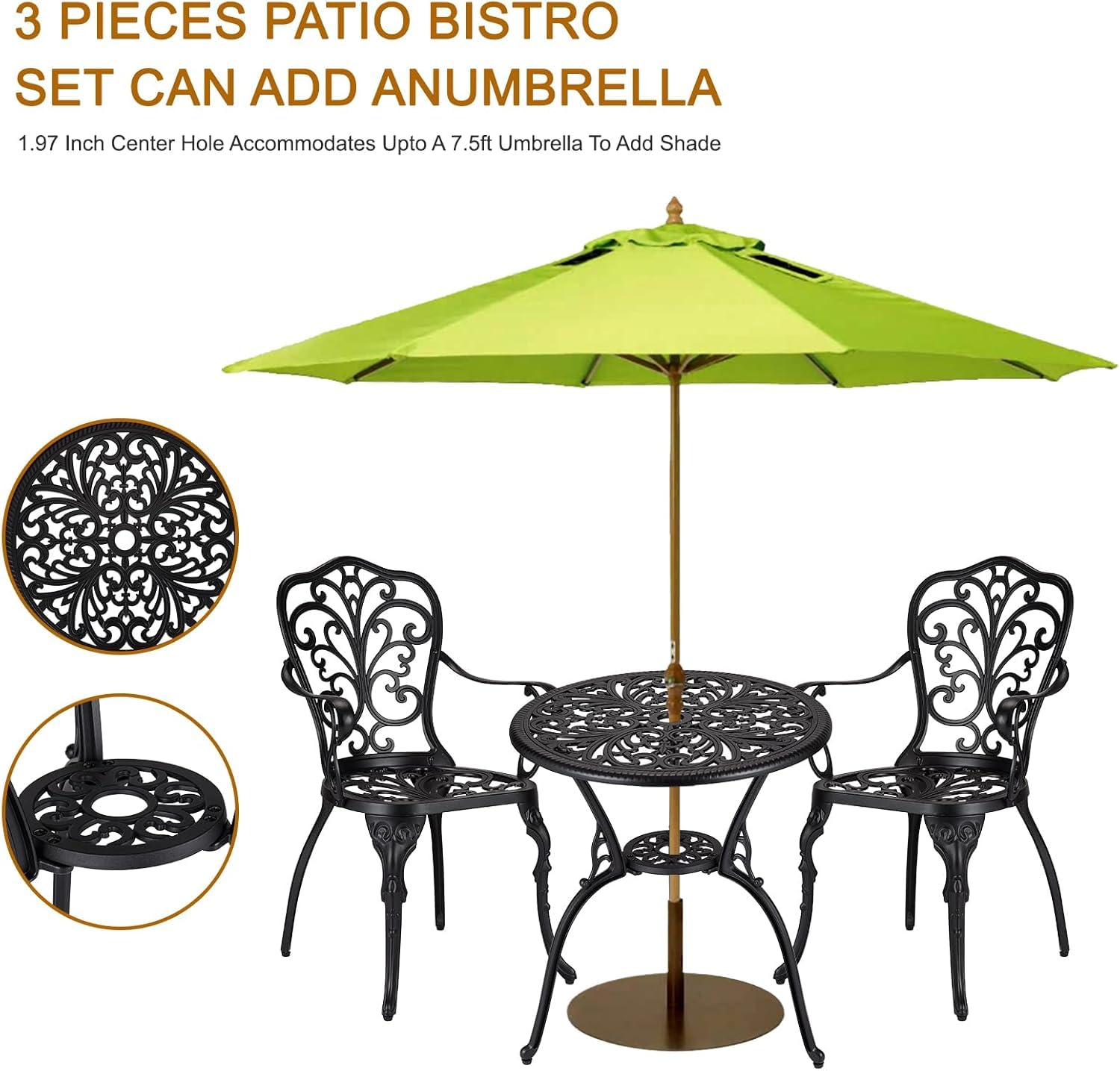 Ensemble bistro d'extérieur Garvee 3 pièces, en aluminium résistant aux intempéries et à la rouille, avec trou pour parasol, mobilier de jardin et de balcon, noir.