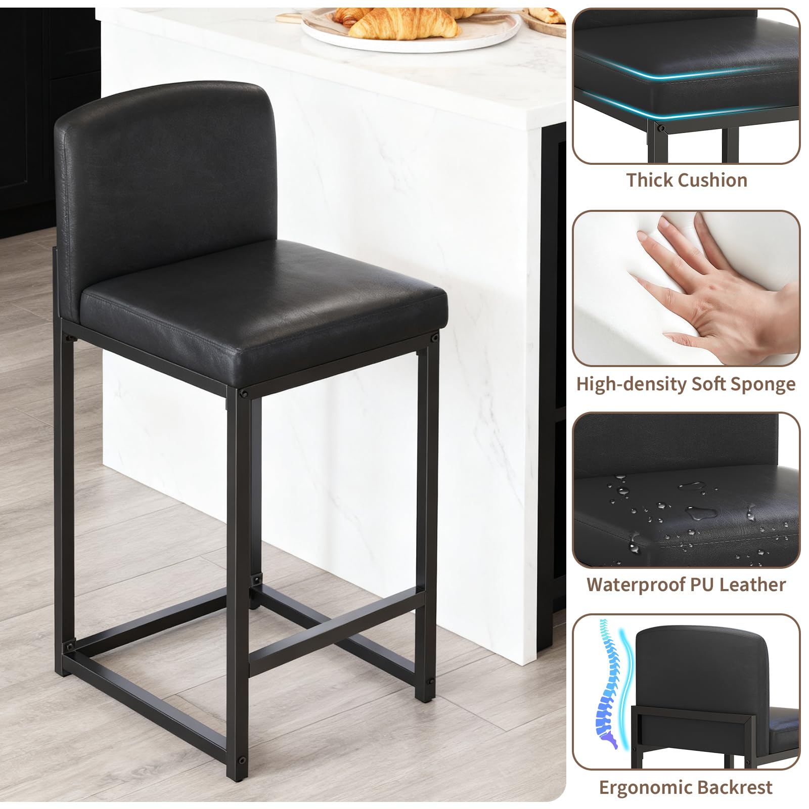 Ensemble de 2 tabourets de bar Garvee, rembourrés avec dossier, pour cuisine et bar, 61 cm (24 pouces), noirs