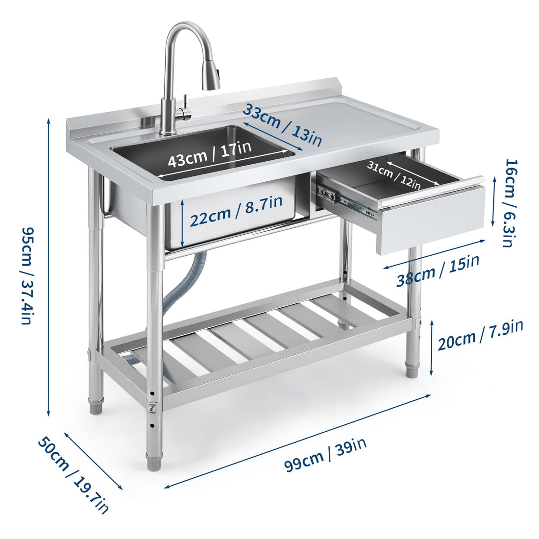 Garvee Évier commercial en acier inoxydable 99 x 50 x 94 cm avec robinet pivotant 360°, cuve profonde, tiroir de rangement et étagère réglable pour cuisine et buanderie