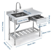 Garvee Évier commercial en acier inoxydable 99 x 50 x 94 cm avec robinet pivotant 360°, cuve profonde, tiroir de rangement et étagère réglable pour cuisine et buanderie