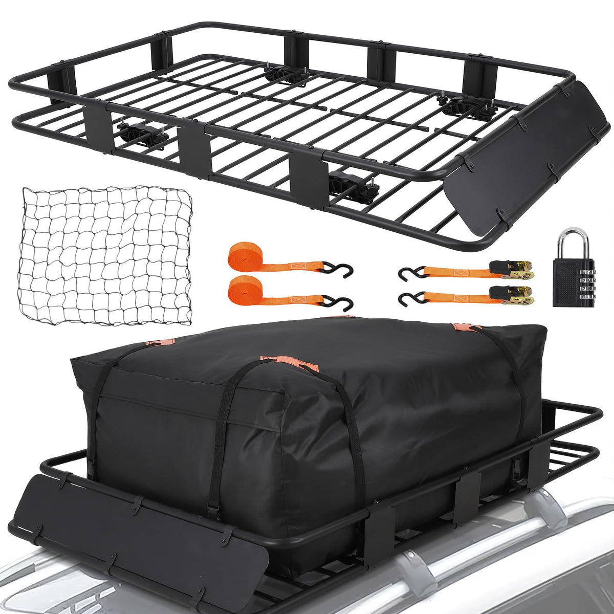 Garvee Panier de toit universel 163x99x15cm, charge 91kg, acier Q235 avec sac étanche, filet, sangles et antivol pour SUV et pick-up, noir