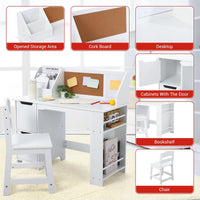 Ensemble bureau en bois Garvee pour enfants avec rangement, tableau d'affichage et chaise ergonomique pour la maison et l'école, blanc