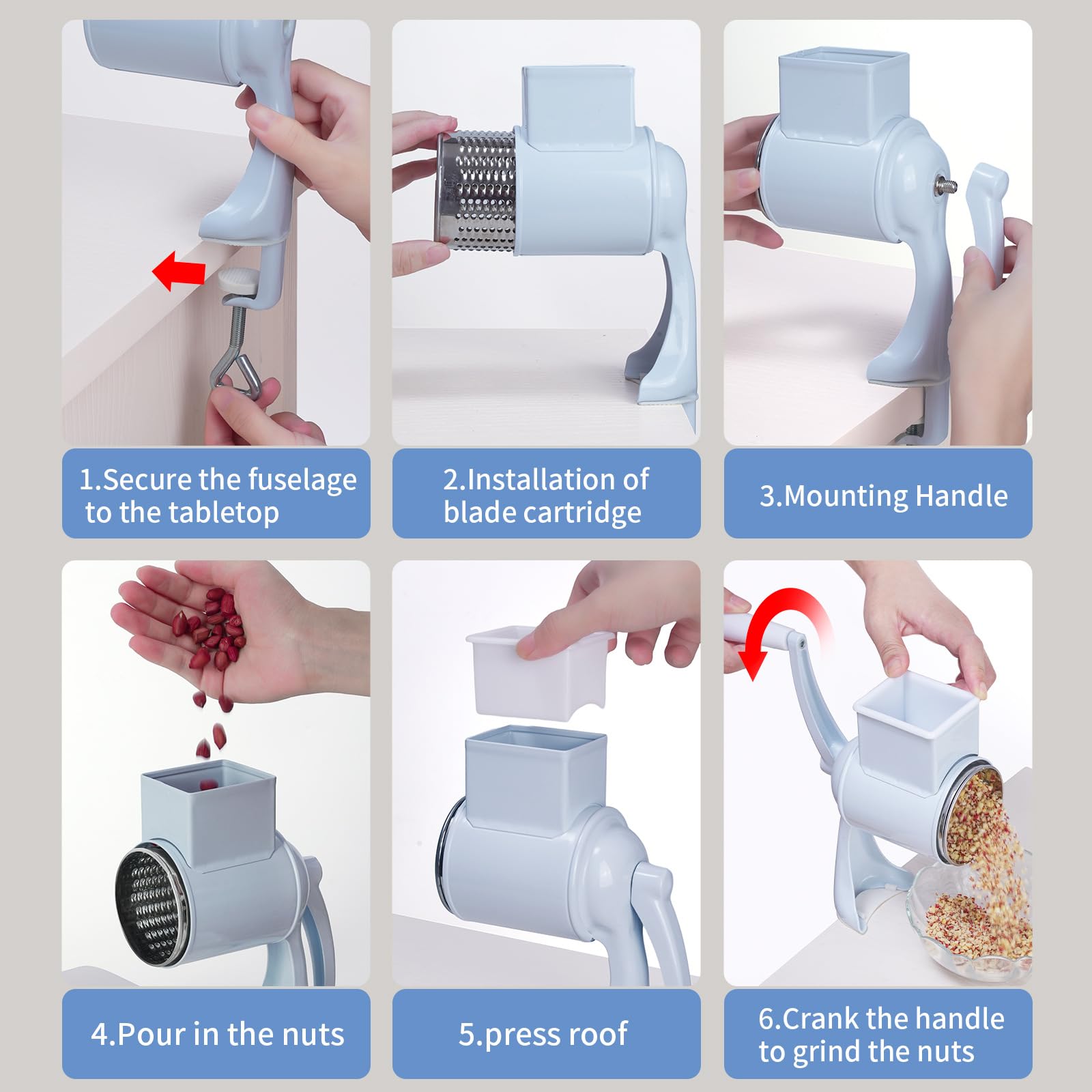 Râpe à tambour Garvee en acier inoxydable avec manivelle - Multifonctionnelle pour noix, fromage et épices, blanche, pour la cuisine