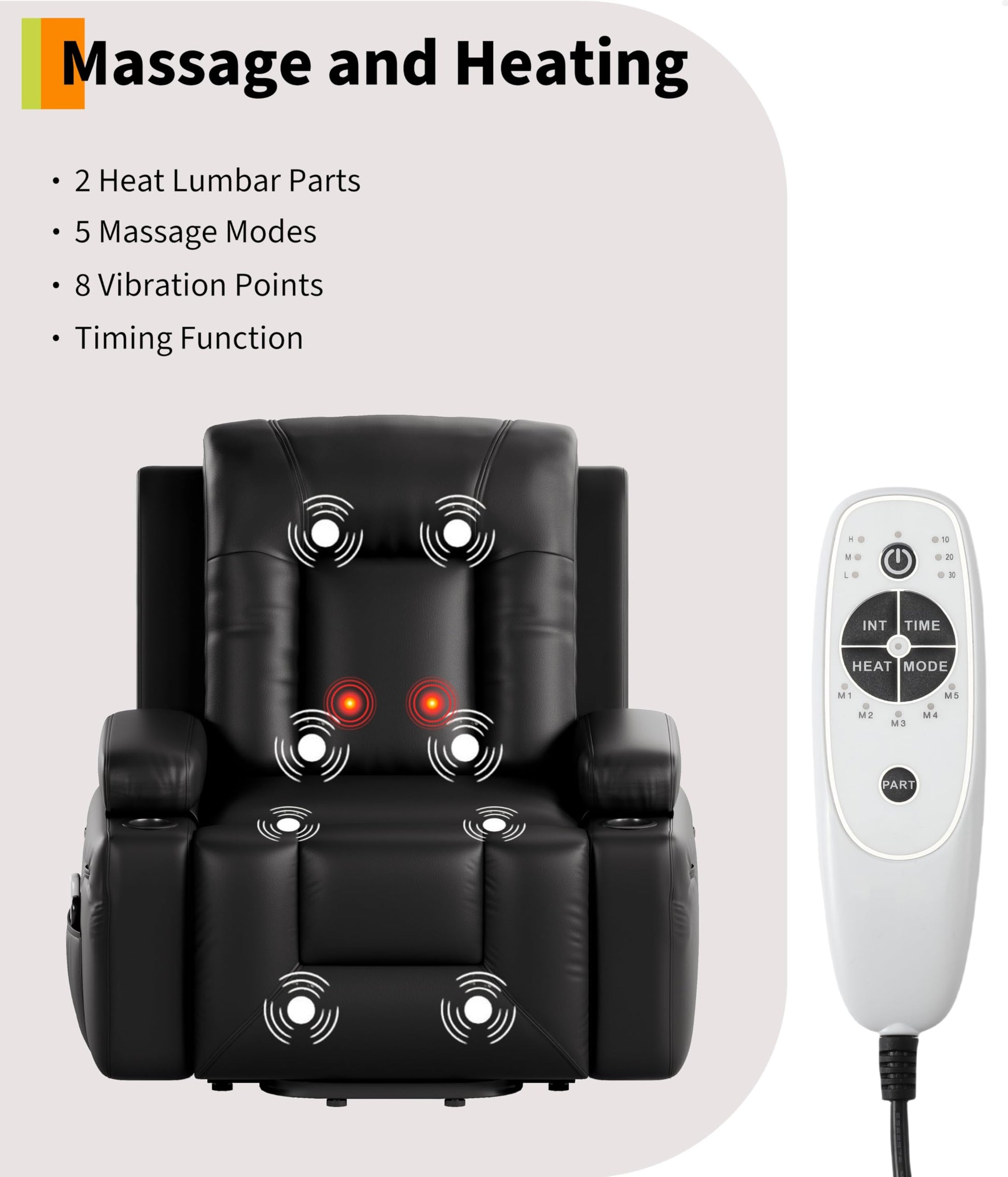 Fauteuil releveur électrique Garvee avec fonction chauffante et massante, revêtement en similicuir, pour seniors, salon, 98 x 95 x 103 cm, noir