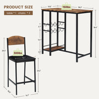 Ensemble table de bar Garvee pour 2 personnes avec repose-pieds, chaises rembourrées, bois et métal robustes, brun rustique, pour cuisines et bars