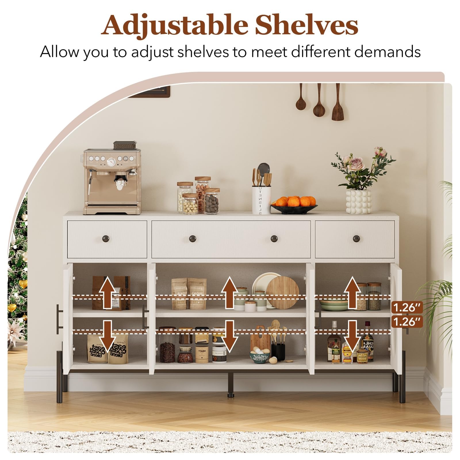 Buffet Garvee 62'' avec rangement, 3 tiroirs, 4 portes vitrées cannelées pour cuisine et salle à manger, bois et métal, robuste et polyvalent