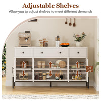 Buffet Garvee 62'' avec rangement, 3 tiroirs, 4 portes vitrées cannelées pour cuisine et salle à manger, bois et métal, robuste et polyvalent