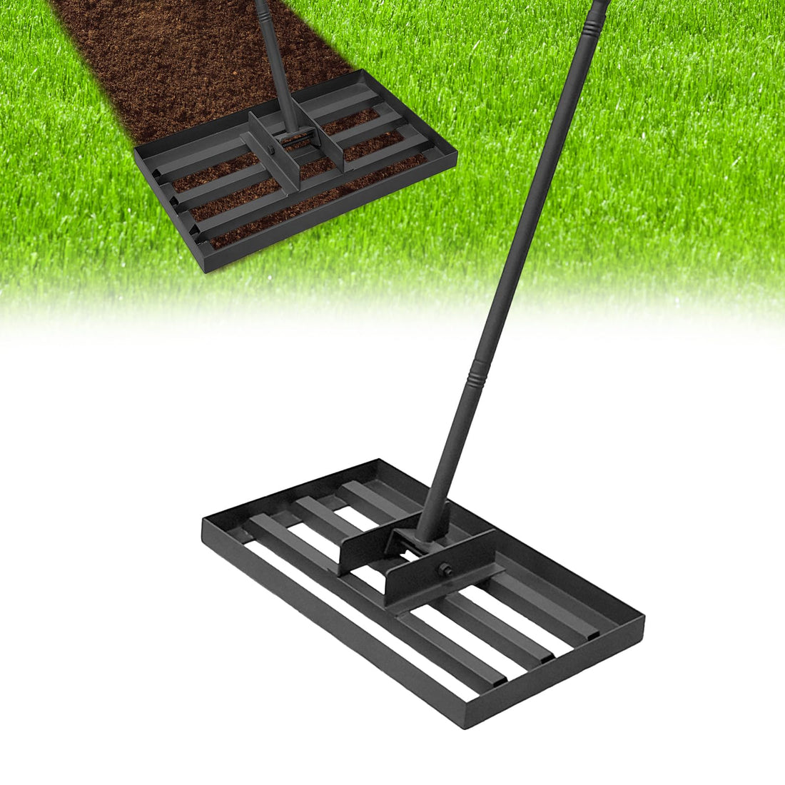 Râteau de nivellement de pelouse Garvee 17" x 10" en acier inoxydable robuste avec manche réglable pour jardin et terrain de golf