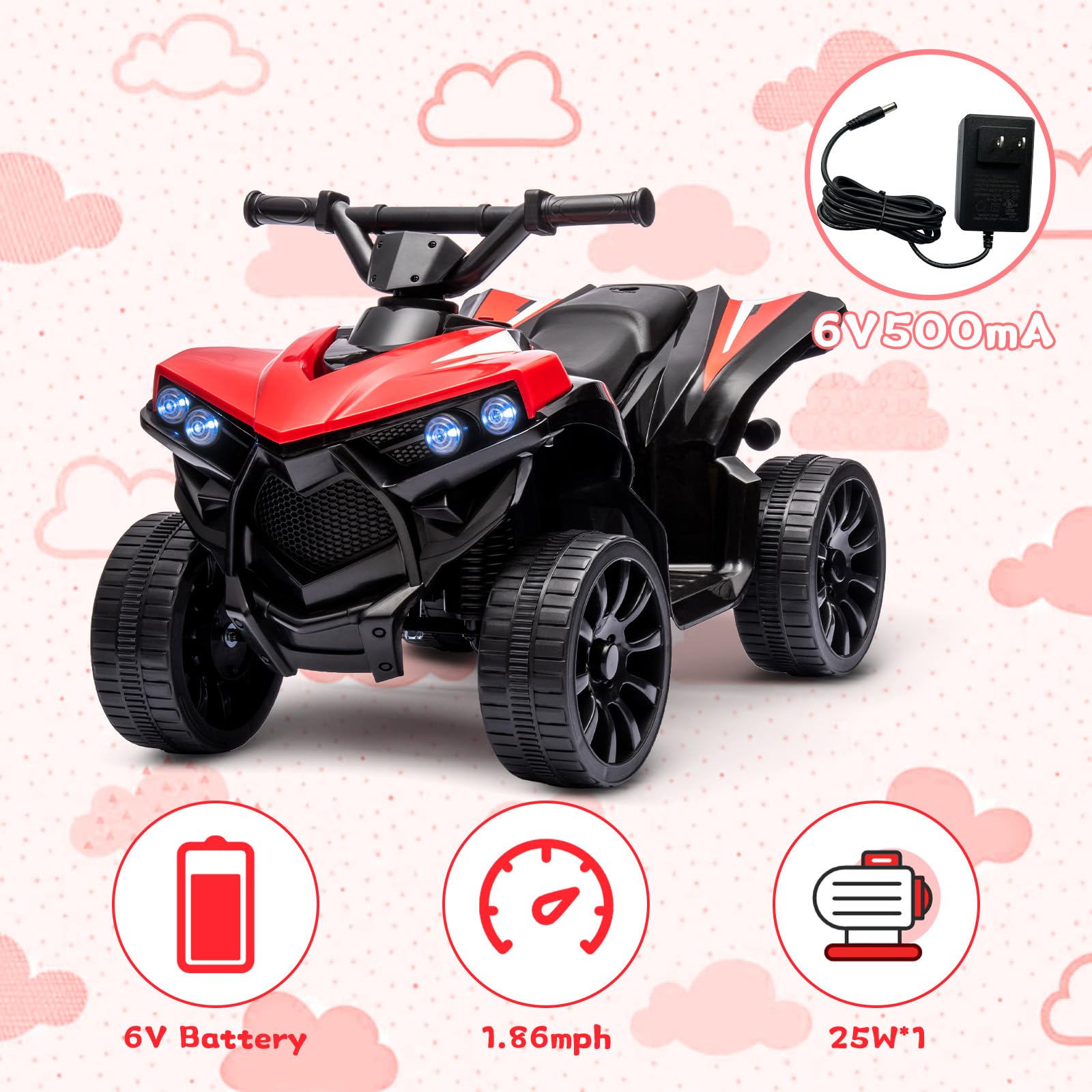 Garvee Quad électrique 6 V pour enfant avec LED, musique et conduite sécurisée, rouge, dès 3 ans