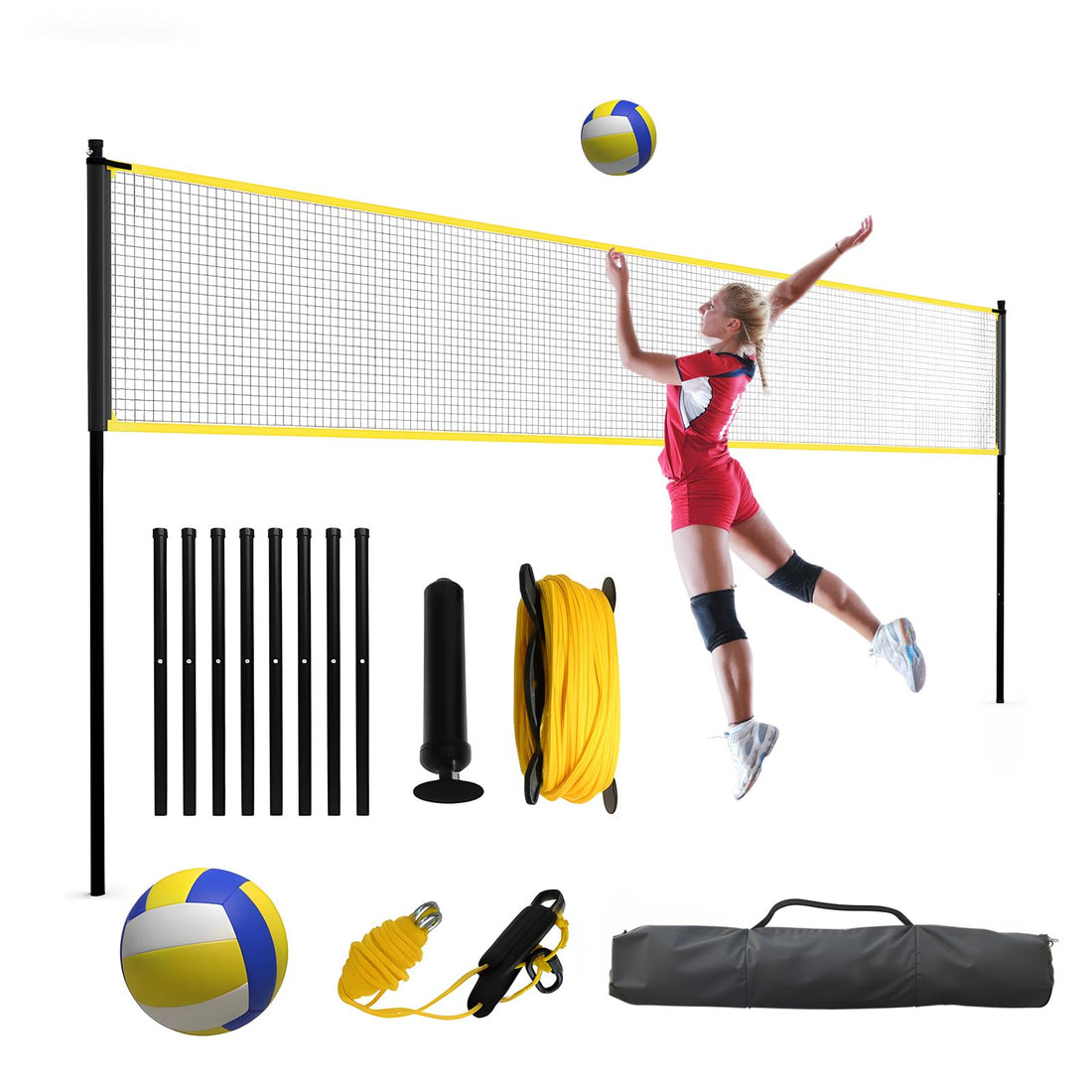 Filet de volley-ball Garvee de 9,75 m (32 pi) pour extérieur, résistant aux intempéries, en polyéthylène, hauteur réglable, autoportant et portable pour jardin et plage.