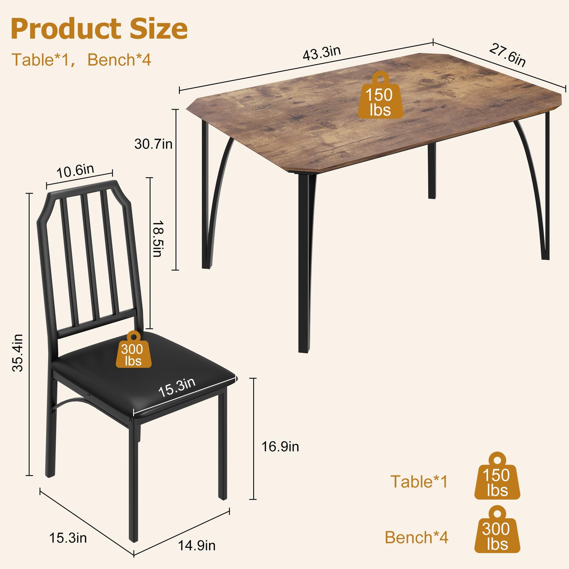 Ensemble de salle à manger Garvee pour 4 personnes avec design biseauté, chaises rembourrées en PU, MDF et acier, brun rustique, gain de place pour les petites cuisines