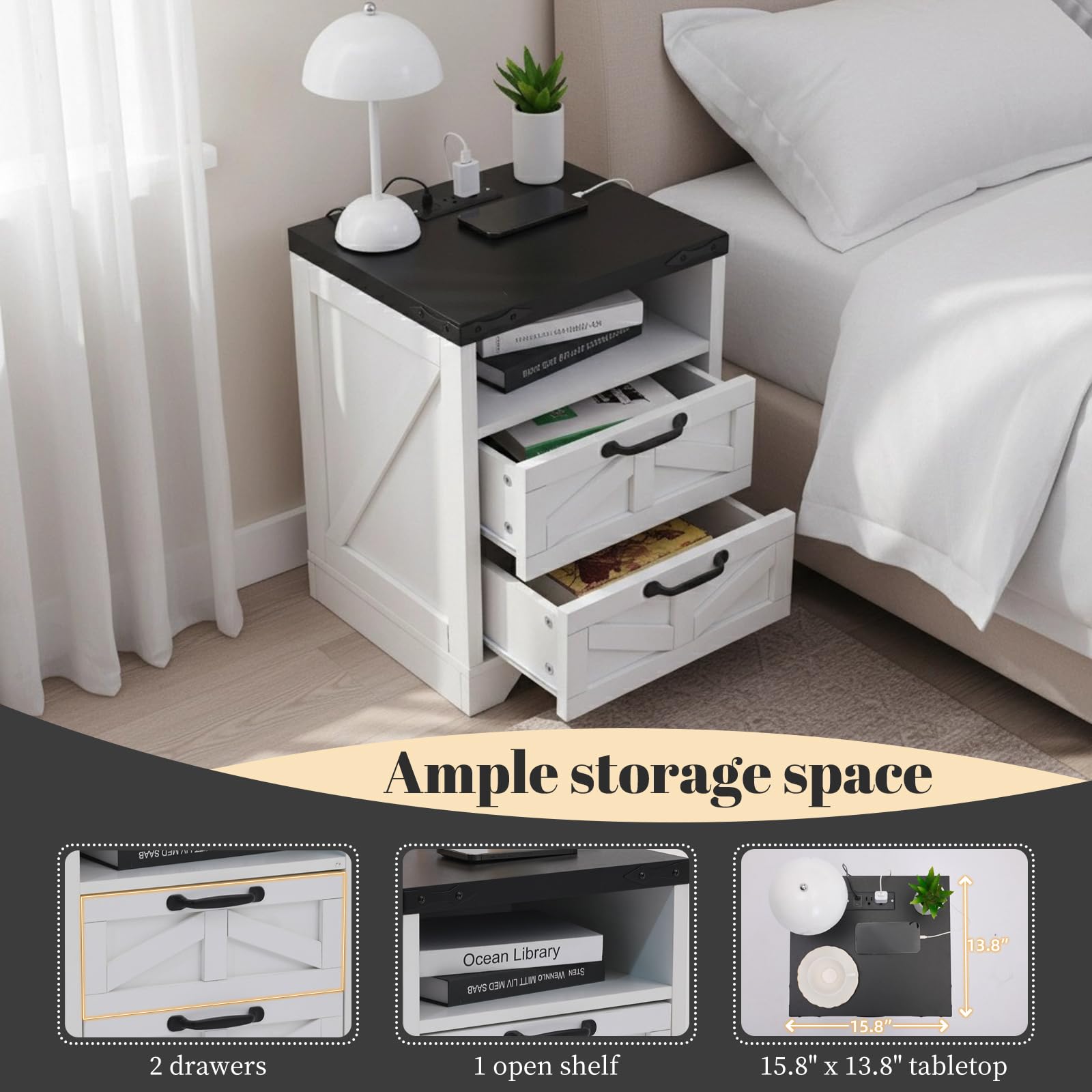 Table de chevet Garvee style ferme avec station de chargement USB, 2 tiroirs, bois massif, blanc, style industriel, chambre