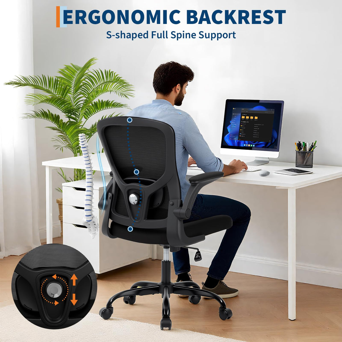 Garvee Chaise de bureau ergonomique en maille avec accoudoirs 2D et soutien lombaire, pivotante à 360°, supporte jusqu'à 159kg, noire