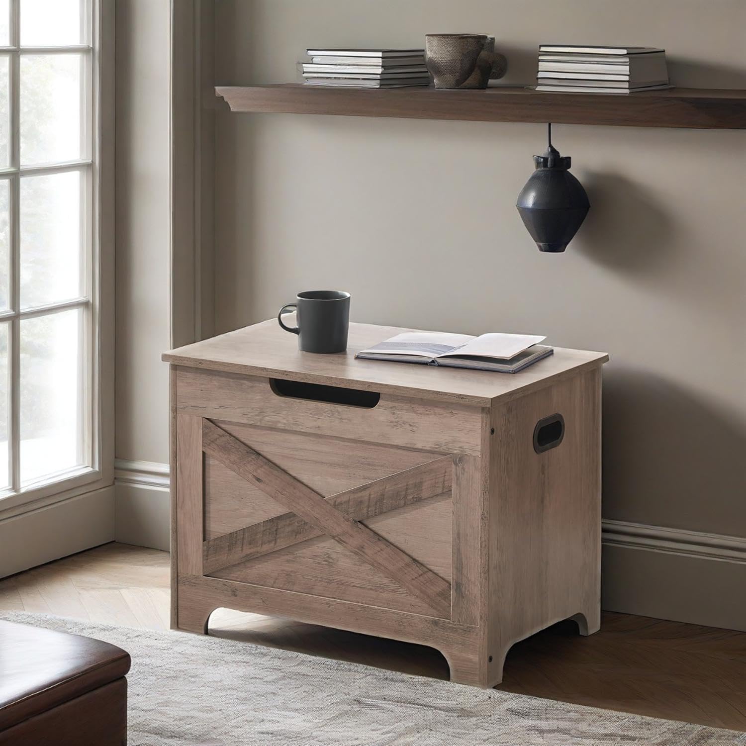 Banc de rangement Garvee avec verrou de sécurité, coffre en bois de style campagnard pour entrée et chambre, gris