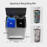 Poubelle Garvee en acier inoxydable, 60 litres, double compartiment, couvercle à fermeture douce, séparation des déchets, cuisine/bureau, 2 x 30 litres, argent