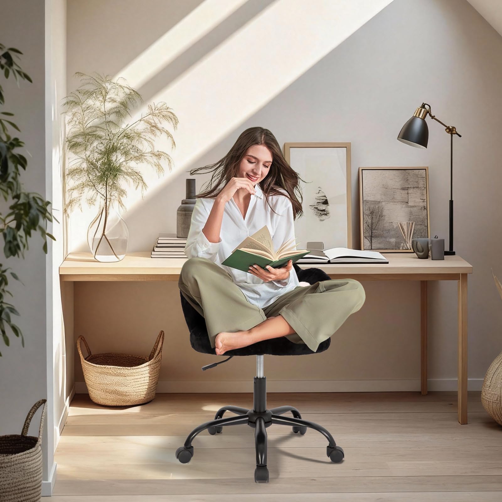 Chaise de coiffeuse Garvee à roulettes, pivotante à 360°, réglable en hauteur, en polaire douce, motif patte de chat, idéale pour la chambre et le bureau, renforcée en nylon, confortable